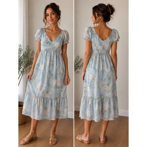LoveShackFancy Target Blue Floral Puff Sleeve Tiered Midi Dress Womens 14 Rose